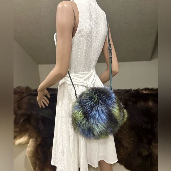 Colorful Real Fox Fur Handmade Round Bag, Includes 2 Strap and Fur Ball Chains - Picture 8 of 17